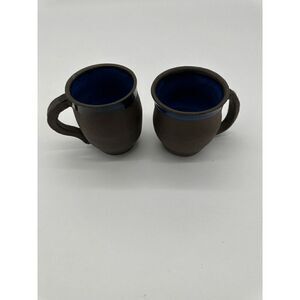 Studio Pottery Mugs Set of 2 w Handle Blue Glazed Inside Stamped  8-10 oz Capaci